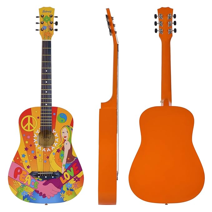 Juârez Acoustic Guitar, 38 Inch Cutaway, JRZ38CT, Hippie Funky Design, with Bag, Picks, Strap & Extra String set