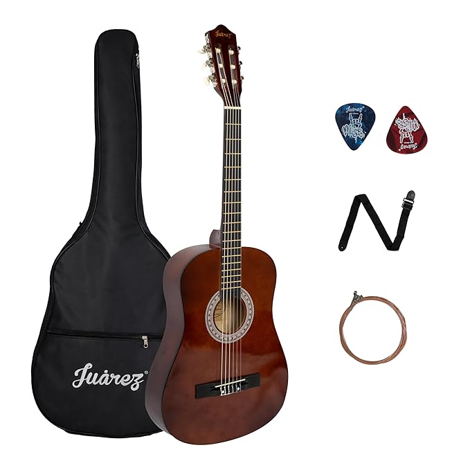 Juarez 38 Inch Classical Guitar with Nylon Strings for Beginners, Finger-Friendly Full Size Guitar Kit with Bag, Picks, Strap & Extra Steel Strings for Upgrade, Brown