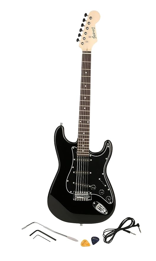 Juarez Electric Guitar 38" Strat Style, H-S-S Pickup, 21 Frets, Full Black Gloss Finish, Maple Neck, Rosewood Fingerboard, Chrome Hardware – with Bag, Tremolo Rod, Cable, Picks & Allen Key