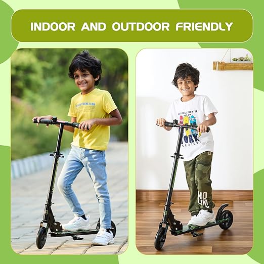 Amazon Brand - Jam & Honey Kick Scooter | Foldable 2-Wheel Design with Rear Brake | 3-Height Adjustable Handlebar | BIS Certified | 50 kg Max Load | Neon Green | Ages 6-13 Years
