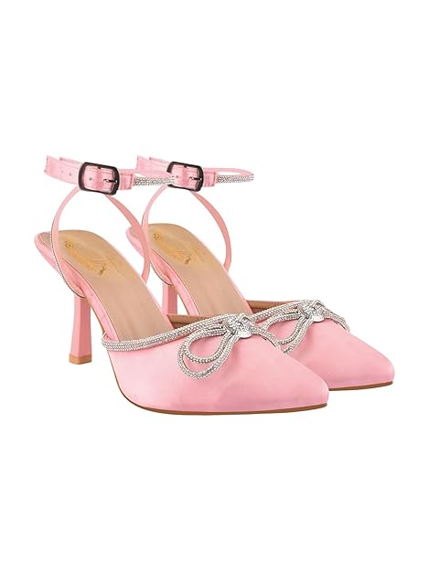 Women's Satin High Heel Sandals Pointed Toe Party Heels with Rhinestone Bow & Ankle Strap – Elegant Stilettos for Weddings & Events