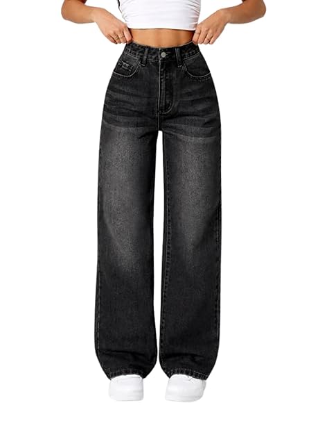 DEELMO Women’s Wide Leg Denim Jeans High Rise Loose Fit | Stretchy Casual Straight Pants Trendy | Comfortable Everyday Fashion Jeans for Women
