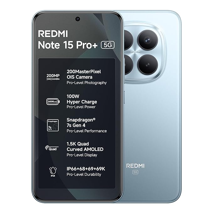 REDMI Note 15 Pro+ 5G (Mirage Blue, 8GB + 256GB) | 200MasterPixel OIS Camera | Snapdragon 7s Gen 4 | CrystalRes AMOLED | IP69/69K | 6500mAh Si/C Battery | 100W HyperCharge