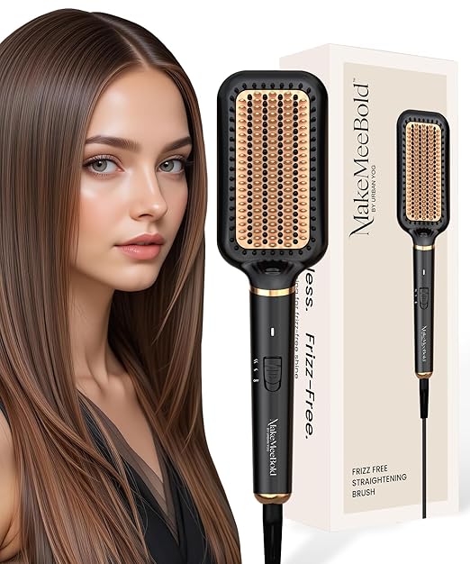 Makemeebold Hair Straightener for Women | Frizz Free Hair Straightening Brush | Ceramic Ionic Straightener Comb | PTC 30-Sec Heat-Up | 2 Heat Settings