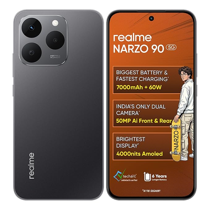 realme NARZO 90 5G (Carbon Black,8GB+128GB) | 7000mAh Biggest Battery | 60W Fastest Charging | 50MP Front & Rear AI Cameras | 4000nits Brightest Display | AI Assist | IP69 Dust & Water Resistance