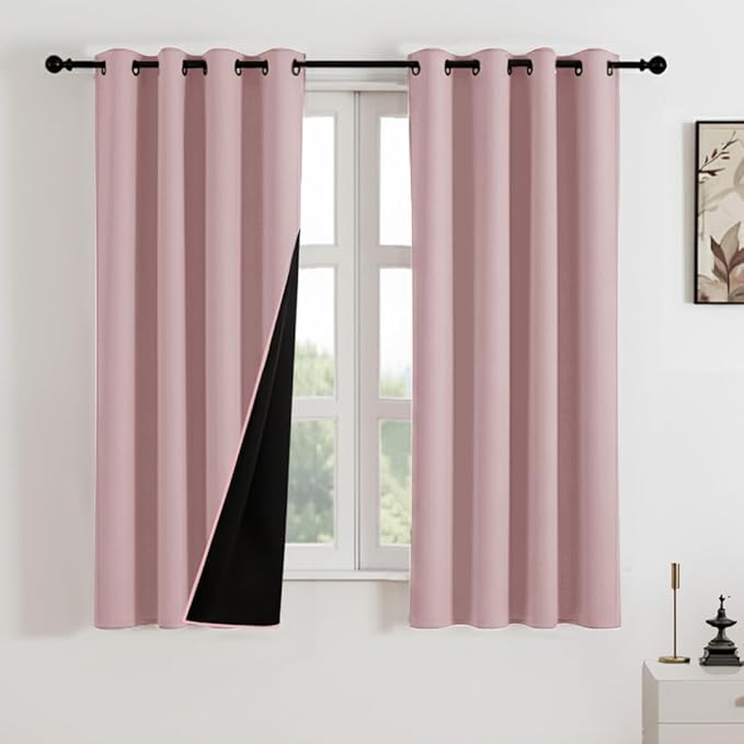 HOMEMONDE 100% True Blackout Curtains 5 Feet Long - Heavy Faux Silk Room Darkening Curtains with Black Backing, Room Privacy and Thermal Insulation Panels Pack of 2 - (60 Inch, Solid Pink)