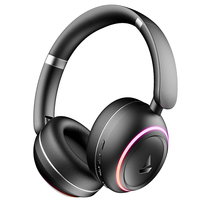 boAt Rockerz 480, RGB LEDs,6 Light Modes, 40mm Drivers,Beast Mode, 60H Battery, ENx Tech, Stream Ad Free Music via App Support, Bluetooth Headphones, Wireless Over Ear Headphone with Mic (Black Sabre)