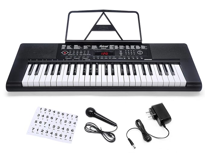 JUAREZ Octavé JRK490 49-Key Portable Electronic Teaching Keyboard Piano with LED Display|Adapter | Key Note Stickers|Mic|Music Sheet Stand |200 Rhythms |200 Timbres|50 Demos|USB Output|49 Percussions