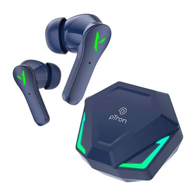 pTron Bassbuds Rogue W/ 40Ms Low-Latency Gaming,Clear Calls,50Hrs Playtime,Pristine Sound,V5.3 Bluetooth in Ear Headphones,Snug-Fit,RGB Lights,Touch Control,Voice Assist,IPX5 Water Resistant (Navy)