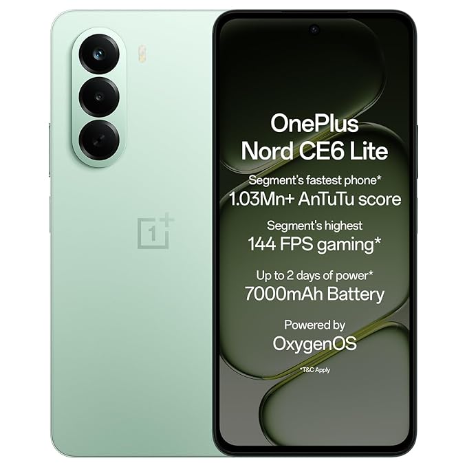 OnePlus Nord CE6 Lite | 8GB+256GB | Vivid Mint | Segment's Fastest Dimensity 7400 Apex Processor | 7000mAh Battery | Segment's Highest 144Hz Refresh Rate | 50MP Main Camera, 4K Video Recording
