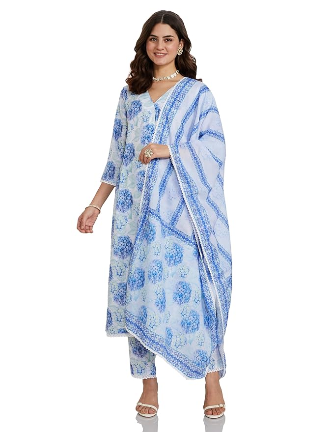 Amazon Brand - Myx Women's Mughal Guldasta Print Kurta Pant Set with Dupatta (Available in Plus Sizes)