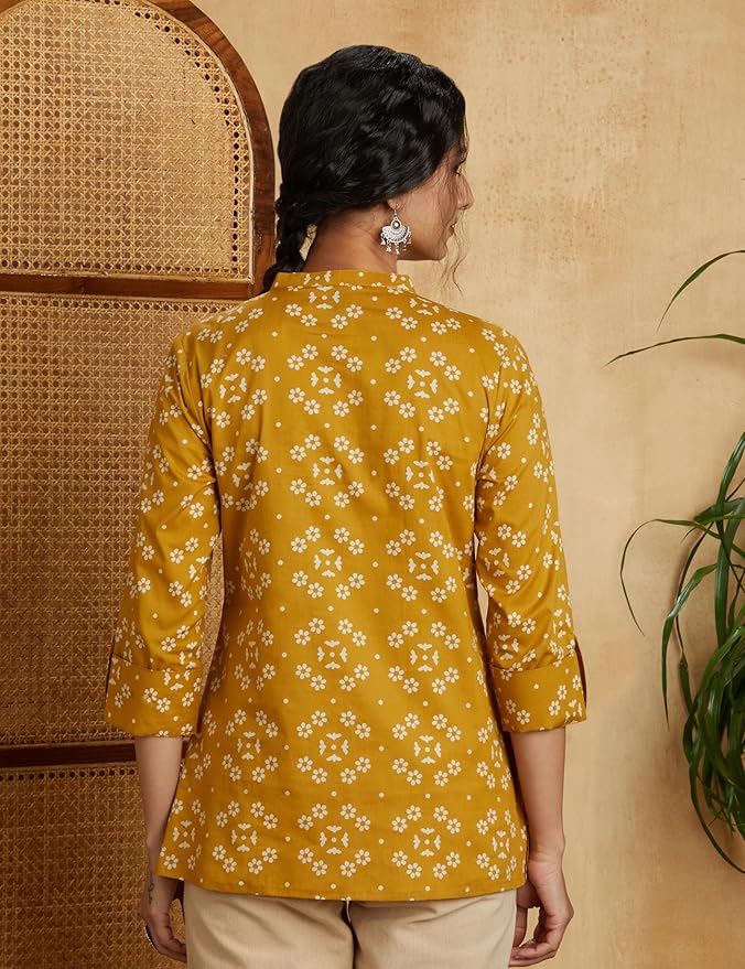 Amazon Brand - Myx Women's Screen Print Straight Printed Regular Cotton Short Kurti (Available in Plus Sizes)