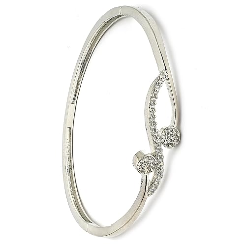 ZENEME Rhodium Plated Silver Toned American Diamond Studded Grace Line Kada Bracelet For Women