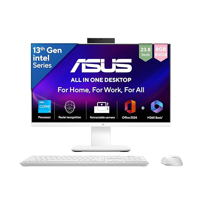 Asus AiO V440,13th Gen Intel Core i3-1315U,23.8" FHD,100Hz,All-in-One PC(8GB RAM/512GB SSD/Windows 11/Office 24/Retractable Camera/with Wireless Keyboard & Mouse/M365 Basic (1Year)*) V440VAB-KWPC001WS