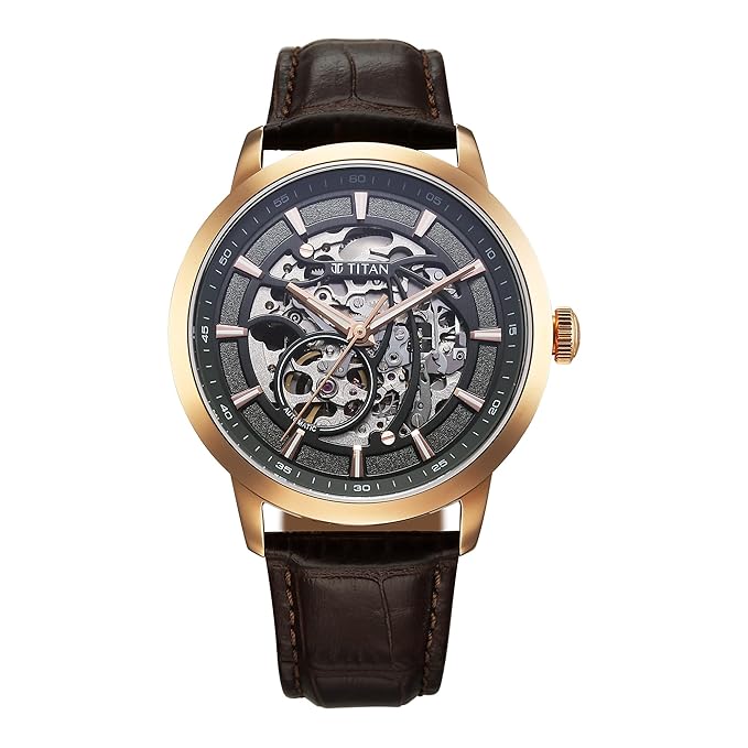 Titan Phoenix Skeletal Automatic Analog with Gun Dial Brown Leather Strap Watch for Men - 90223WL01