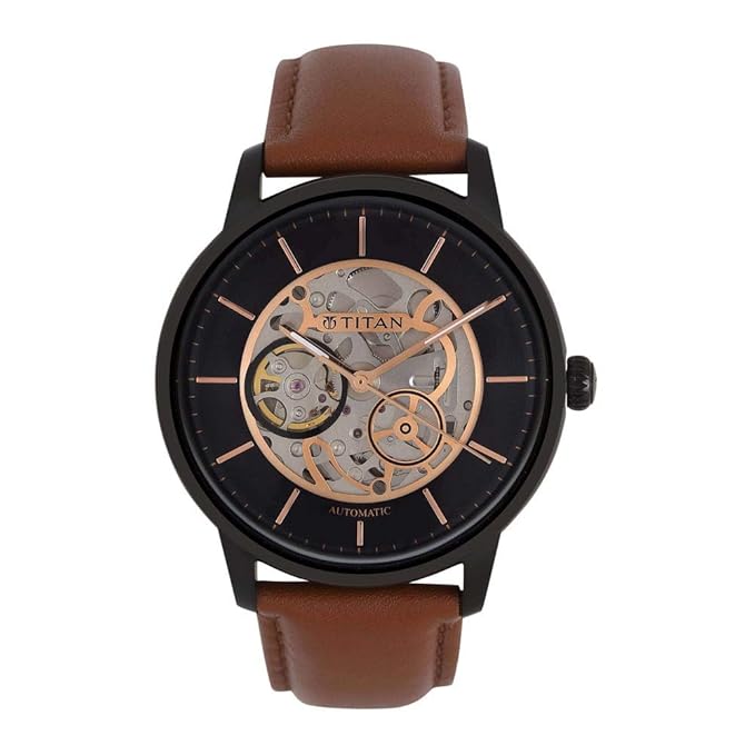 Titan Automatics Black Dial Tan Leather Strap Watch for Men - NT90110NL01