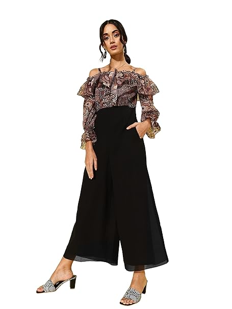 Miss Chase Women's Multicoloured-Base-Black Off-Shoulder Ruffled Sleeve Animal Print Frilled Regular Jumpsuit