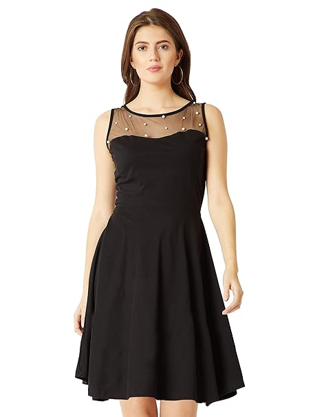 Miss Chase Women's Black Round Neck Sleeveless Cotton Solid Sheer and Pearl Detailing Mini Skater Dress