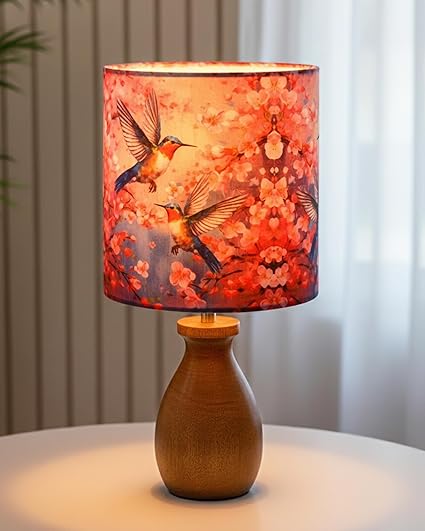 Homesake® Rustic Wooden Dovel Pot Table Lamp with Printed Fabric Shade| Handcrafted Bedside Nightstand Light for Living Room, Bedroom, Office Cafe Home Décor,