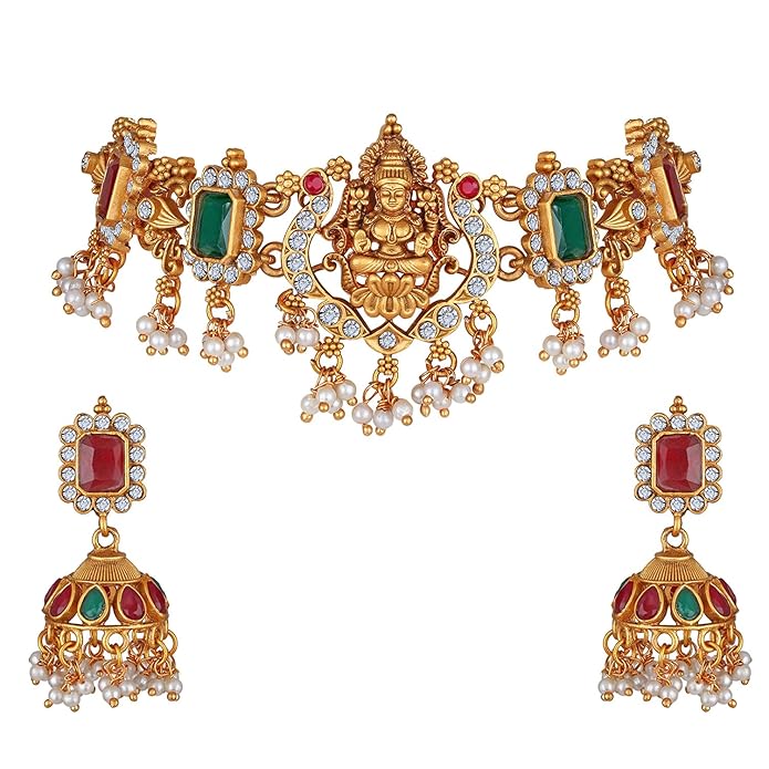 Sukkhi American Diamond AD Stone Studded Floral & Leaf Shaped Rose God Plated Purple Choker Necklace with Dangle Earring Maangtikka Jewellery Set for Women & Girls|NS107393