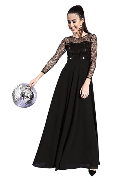 Miss Chase Women's Round Neck Cap Sleeve Embellished Fit Flare Maxi Dress