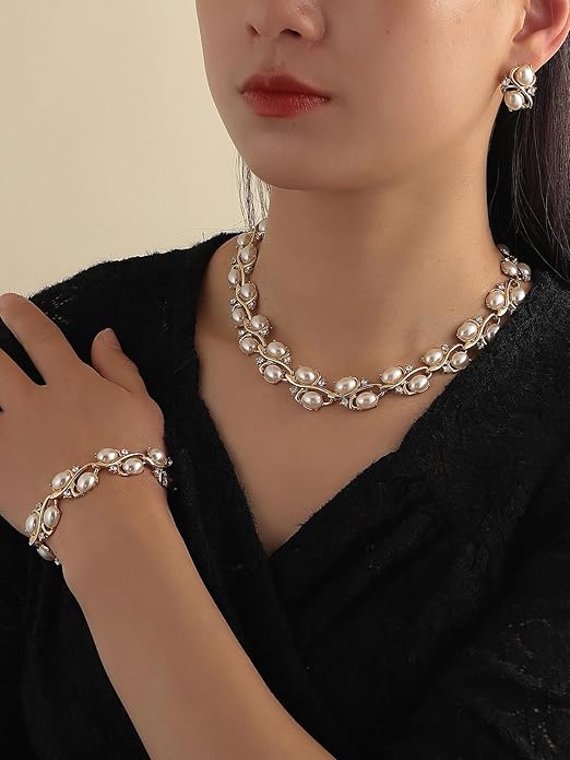 Shining Diva Fashion Latest Stylish Design Fancy Pearl Bracelet Earrings Necklace Jewellery Set for Women (15214s)
