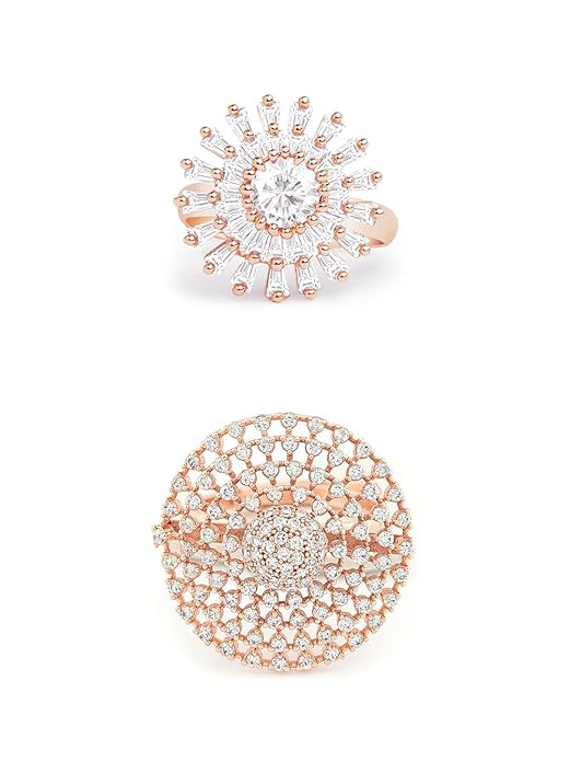 ZAVERI PEARLS Set of 2 Rose Gold Contemporary Cubic Zirconia Adjustable Finger Rings For Women-ZPFK13481