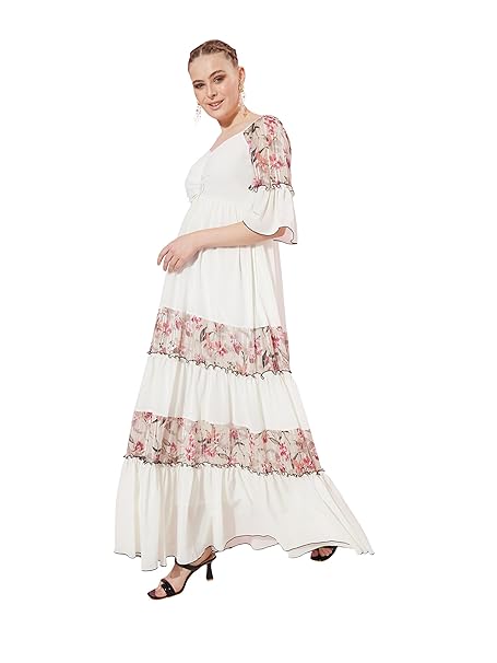 Miss Chase Women's Sweetheart Neckline Ruffled Sleeve Floral Patterned Tiered Maxi Georgette Dress