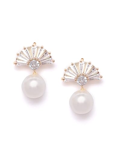 Zaveri Pearls Gold Tone Shimmering Baguette Diamond & Pearl Stud Earring For Women-ZPFK9455
