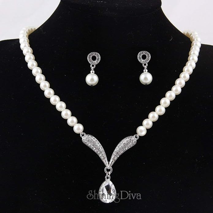 Shining Diva Fashion Crystal Pearl Necklace Set For Women/Jewellery Set with Earrings for Women & Girls, Silver plated base (White)(rrsd8494s)
