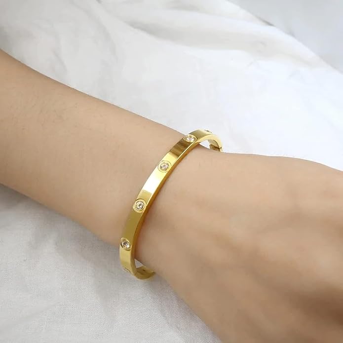 Shining Diva Fashion 18K Gold Plated Stainless Steel Openable Crystal Bracelet | Cuff Bangle | Friendship Couple Wedding Gifts for Mother Sister Wife Girlfriend | Anti Tarnish Jewellery