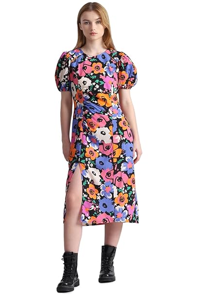 ONLY Floral Printed Cut -Out Sheath Dress with Slit Detail | Short Puff Sleeves | Midi Dress for Women