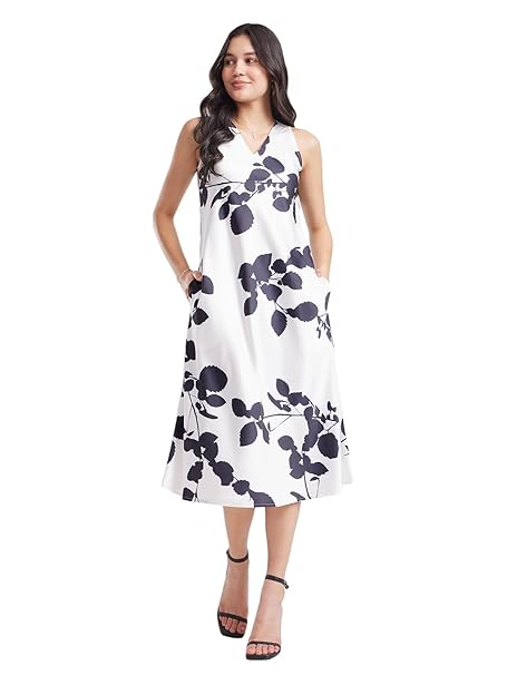 FableStreet Women Party Dress | Elegant A-Line Fit Midi Length V-Neck Sleeveless | Lustrous Satin Fabric for Evening Gatherings & Celebrations