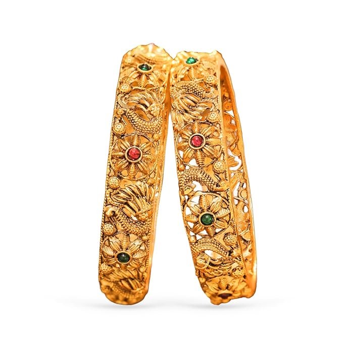 Rubans Gold Plated Set of 2 Peacock Floral Designer Bangles Ruby Red Emerald Green Traditional Wedding Jewellery for Women & Girls