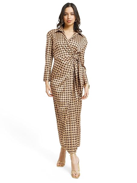 FableStreet Women's Casual Shirt Collar Printed Polyester Midi Dress