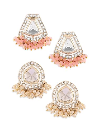 Zaveri Pearls Set Of 2 Pink & Off White Austrian Diamonds & Pearls Ethnic Studs Earrings For Women-ZPFK16843