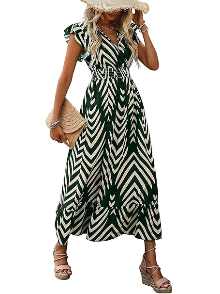 Shasmi Women's & Girl's V-Neck Striped Printed Dress with Ruffled Hem and Belted Waist for Vacation, One Piece Dress for Women's Casual Dress (Dress 140)
