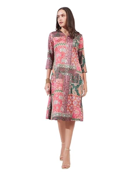Satin A-line Floral Dress - Multicolour