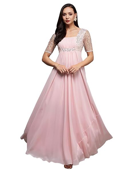 Miss Chase Women's Square Neck Half Sleeve Solid Embellished Maxi Dress