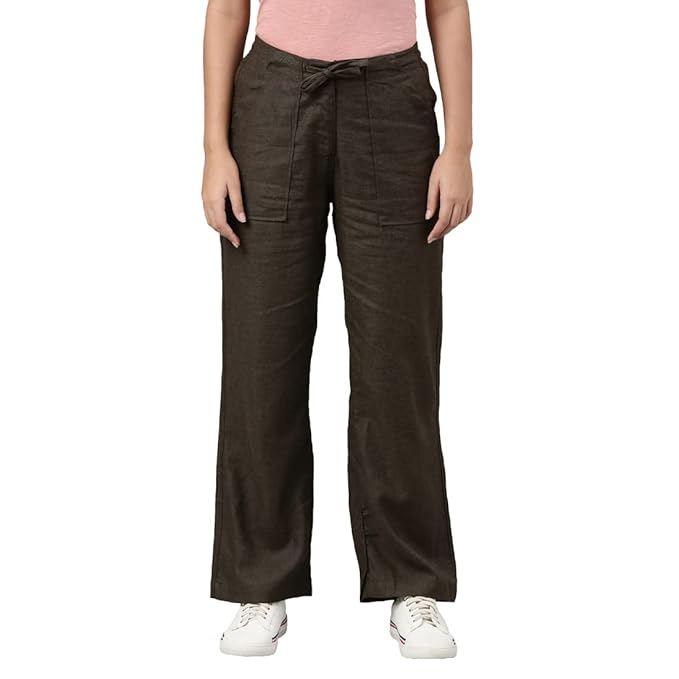 GO COLORS Solid Linen Cargo Pants for Women | Full Length, Mid Rise, Side Pockets