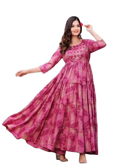 Trending & Pretty Long Gown with Beautiful Front Mirror Embroidery and Floral Print for Women's and Girls