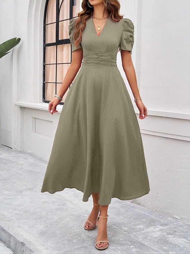 Shasmi Girl's & Women's Solid Color V-Neck A-Line Maxi Dress for Women | New Year Party Outfit | Waist Cinched Puff Sleeve Western | Elegant Casual Wear (Dress 246)