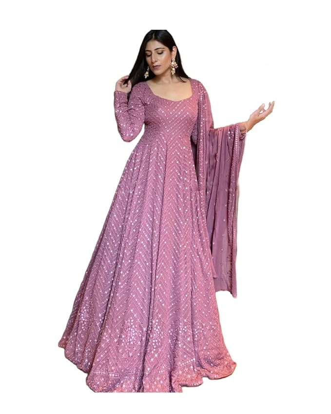 Omkar Textile's Light Purple Georgette Designer Gown with Dupatta Set (Ready to wear) for Wedding, Evening,Party, Brthday etc.