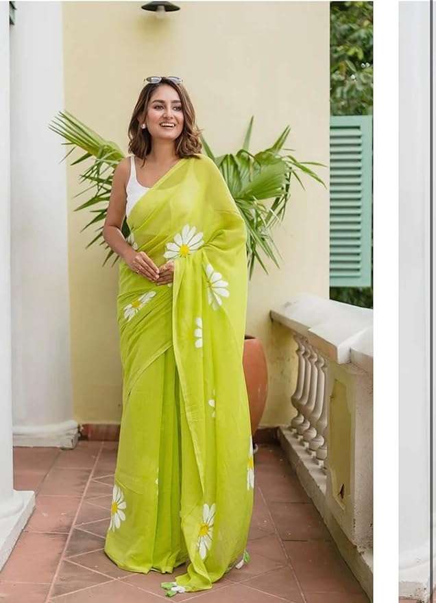 Lime Green Organza Daisy Print Saree
