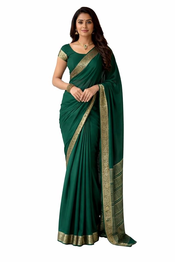 Amazon Brand - Tavasya Women's Green Soft Chinon Saree with Beautiful Running Blouse Piece | Elegant Lightweight | Chinon Silk Saree for Women