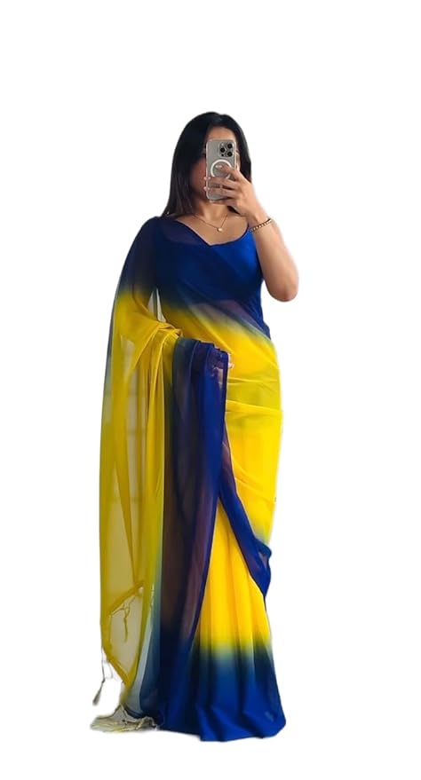 Amazon Brand - Tavasya Women's Yellow Smooth Georgette Saree with Elegant Bangalore Silk Blouse Piece | Lightweight Saree for Women | Soft Georgette Fabric with Stylish Design