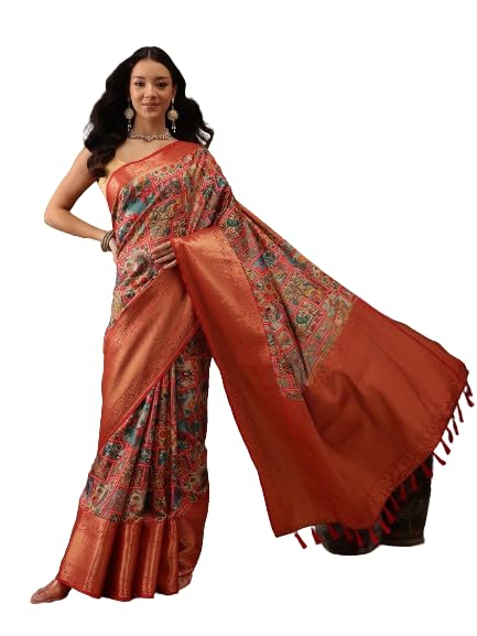 Amazon Brand - Anarva Women's Kalamkari Digital Printed Kanjeevaram Silk Saree With Blouse Piece