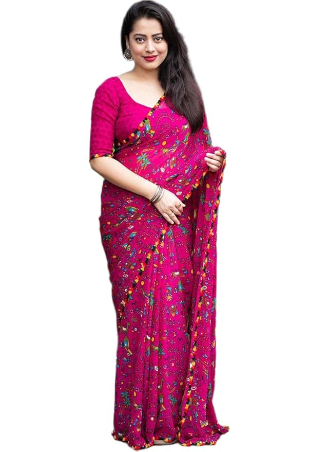 Amazon Brand - Tavasya Women's Soft Georgette Warli Print Saree with Elegant Lace Border & Pallu | Comes with Matching Printed Blouse Piece | Lightweight & Stylish Saree