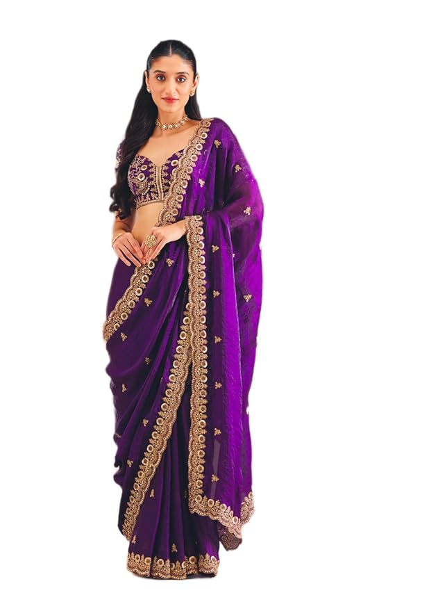 Amazon Brand - Tavasya Women's Soft Fandy Chiffon Saree with Heavy Embroidery Sequins Work, Elegant Border & Designer Pallu, Paired with Fully Embroidered Fandy Chiffon Blouse Piece