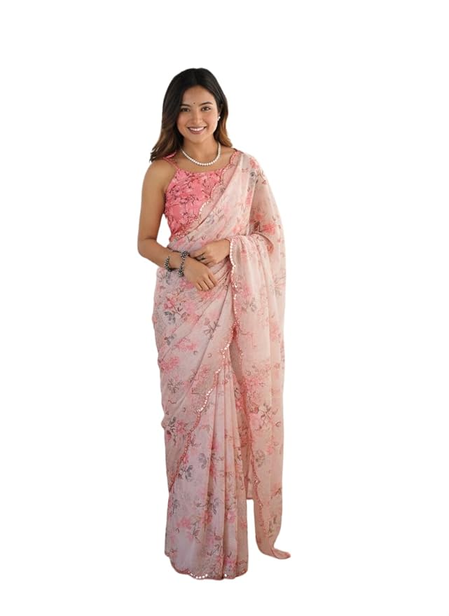 Amazon Brand - Tavasya Women's Chinnon Fabric Printed Saree with Beautiful Kutchi Mirror Work Lace Border and Matching Blouse Piece